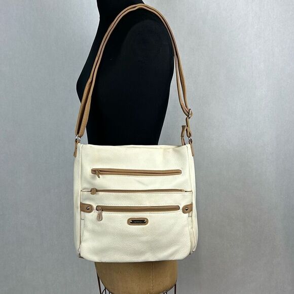 MultiSac Lorraine Womens Crossbody Bag Cream Tan Fax Leather Adjustable Strap Mu - Picture 1 of 13